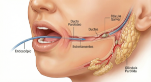 Ilustração de um endoscópio inserido no ducto parotídeo para localizar e tratar um cálculo salivar. 