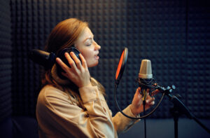 Cantora canta uma música estúdio de gravação