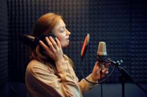 Cantora canta uma música estúdio de gravação